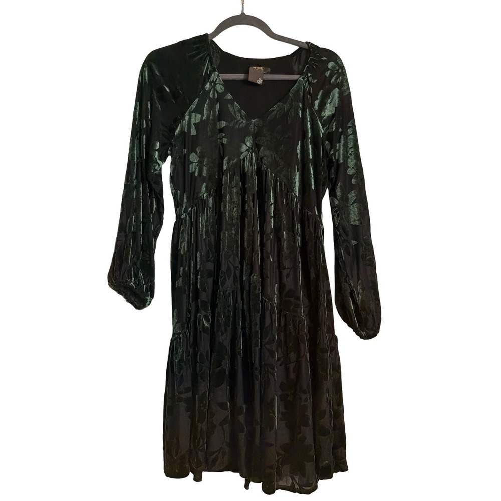 Taylor Green Black Burnout Velvet Floral Dress V-Neck Tiered Babydoll Size 8